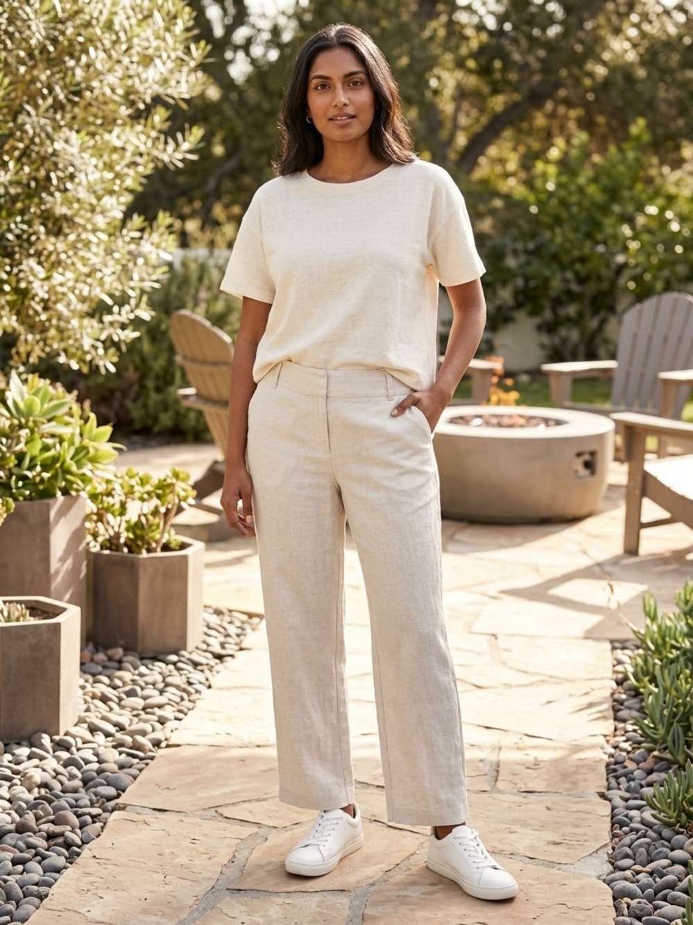 Alfani Linen Rayon Blend Straight Leg Full Length Pants Cream Size 10 GUC